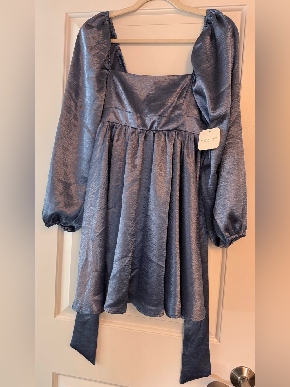 Altar'd State Shimmery Steel-Blue Puff Sleeve Dress (NWT) size xs